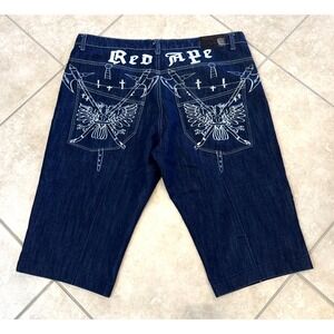 Red Ape Shorts blue Jean 40 Grunge Embroidered Jorts Baggy Y2K Skate Streetwear